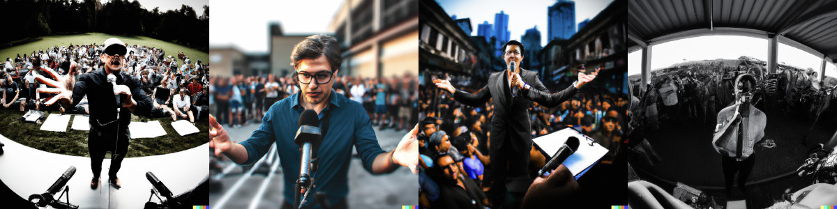 Dall-E 2 prompt: an award winning photo of a journalist speaking to a crowd, fish eye lens, unsplash, digital art